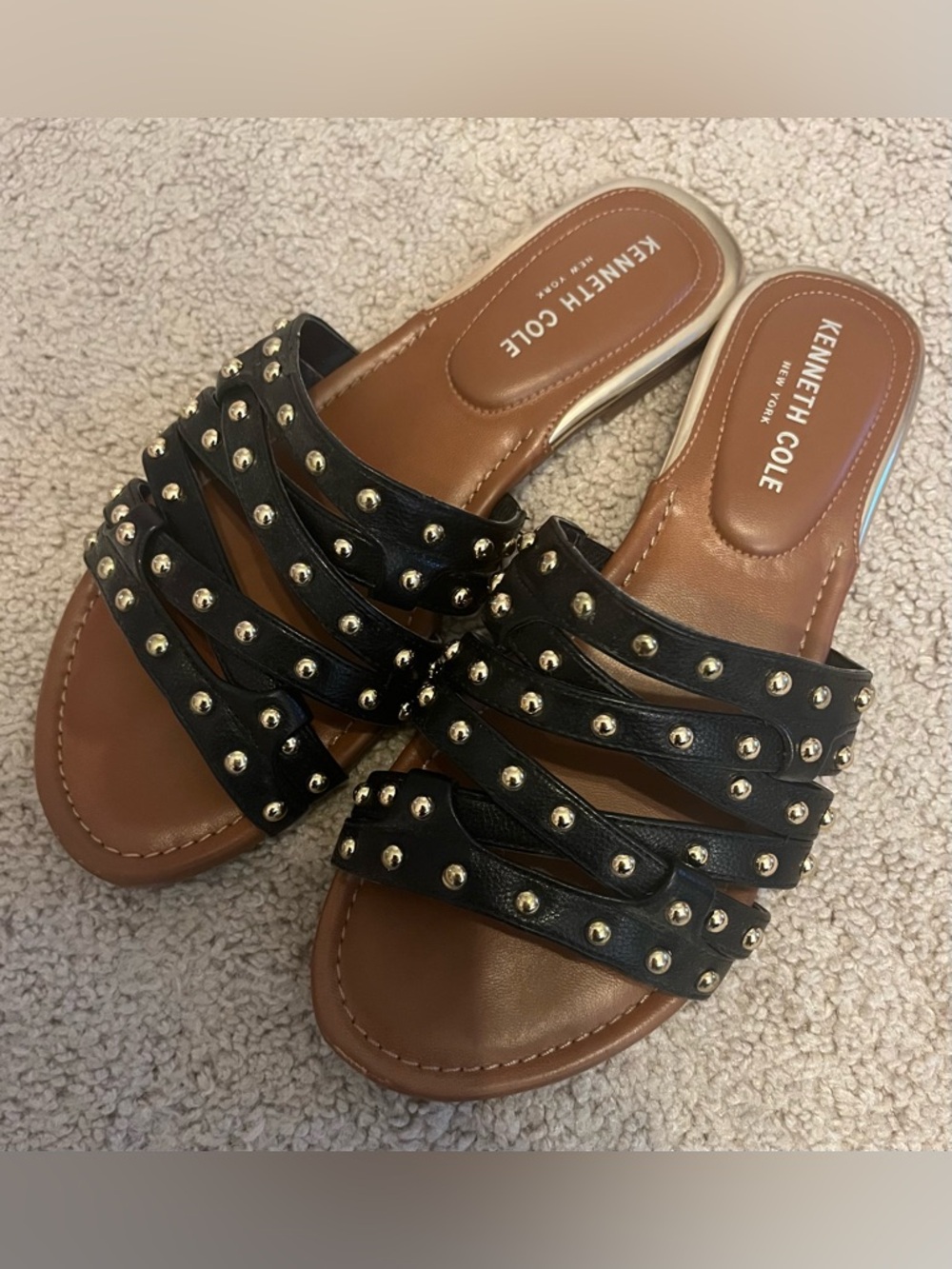 Kenneth Cole Lyzelle Black Faux-Leather Studded Sandals